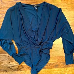 Low cut wrap-front draped long sleeved bodysuit